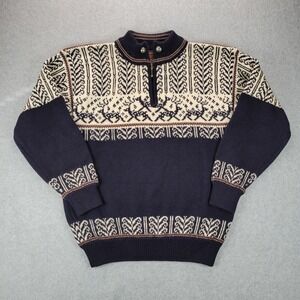 Christiania Nordic Norwegian Black Wool Pullover Sweater 1/4 Zip Mens Small Deer